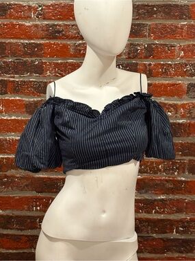 Dress Forum Navy and White Pinstripe Off-Shoulder Crop Top